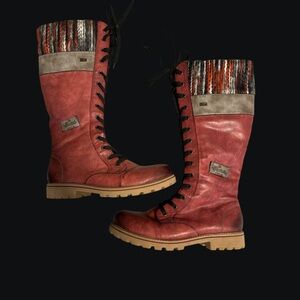 Reiker womanβs winter boots. Burgundy leather with grey band and stylish fabric